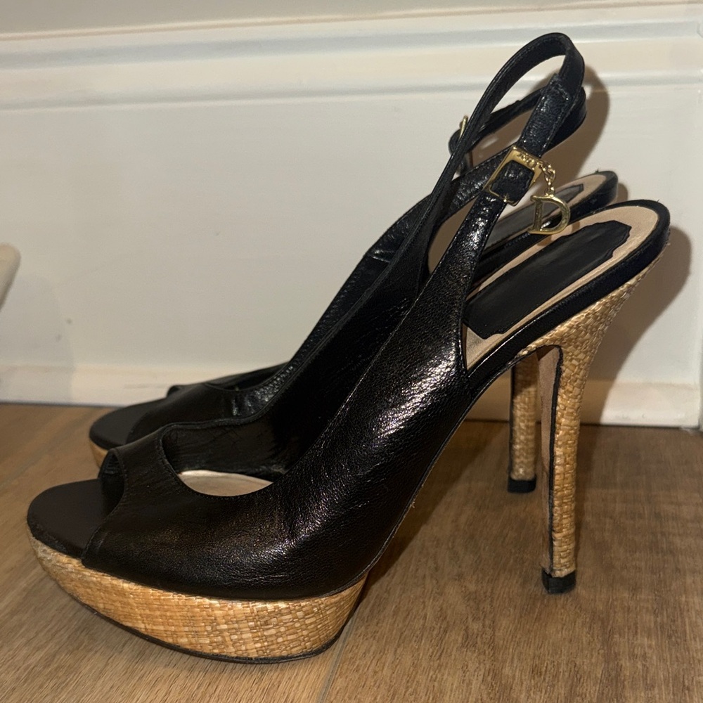 Dior Black Leather Slingback Heels with Tan Platform